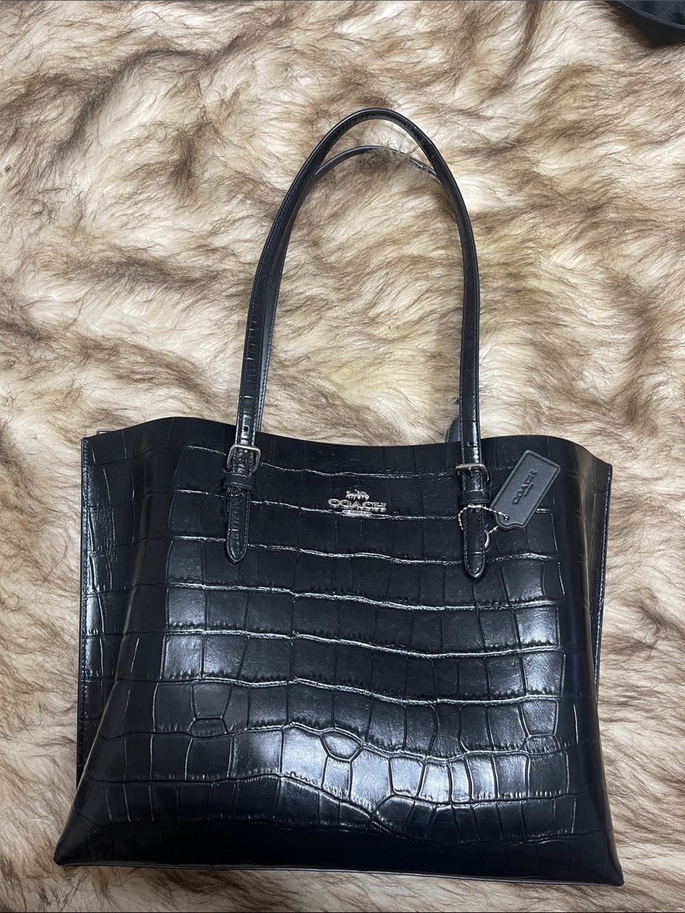 Coach Black Croc-Embossed Leather Shoulder Tote